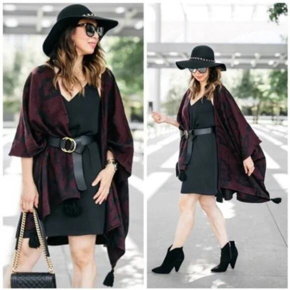 Anthropologie Cleobella Sevigny Capelet Poncho Cardigan Red Wine Black One Size - Picture 6 of 11